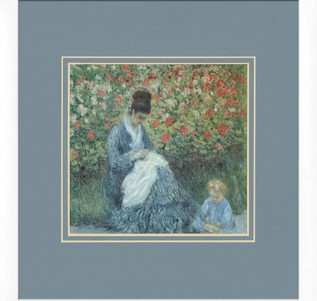 Reproduction print of a woman sewing with a child in garden Approx. 20" x 28"